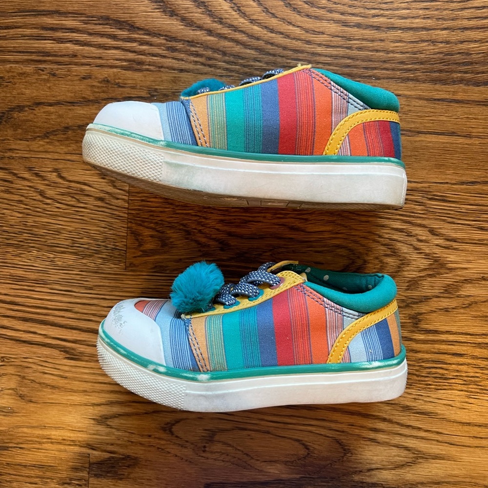 Matilda Jane Girls Teal Striped Pom Pom Sneakers Size 7 - Picture 9 of 11